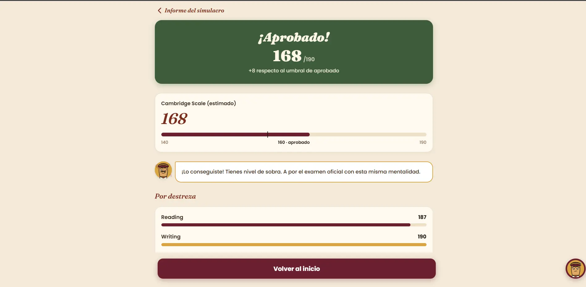 Tito English — Informe de simulacro aprobado con puntuación y desglose Reading/Writing